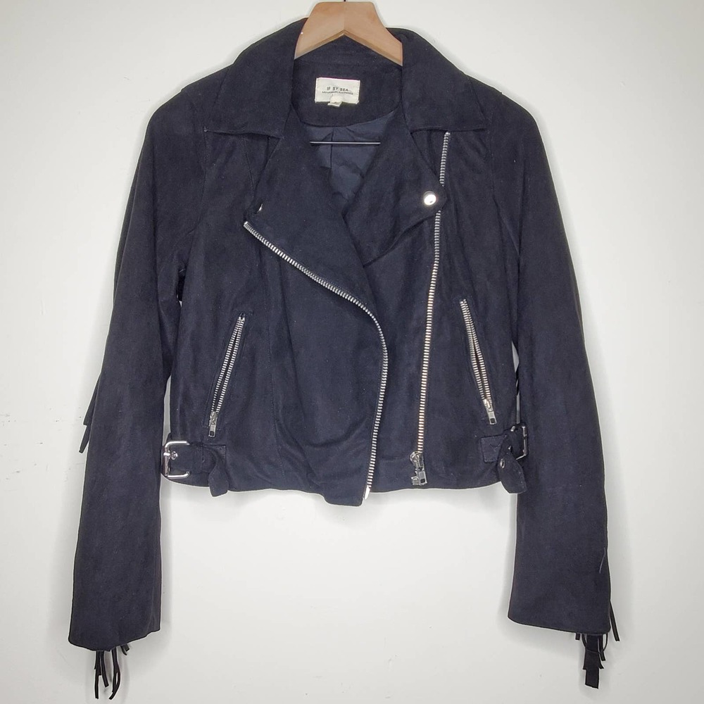 If By Sea Faux Suede Black Fringe Moto Jacket sz S